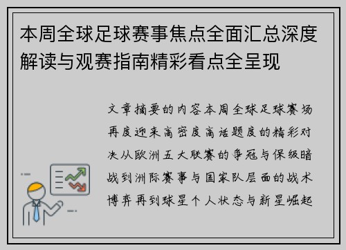 本周全球足球赛事焦点全面汇总深度解读与观赛指南精彩看点全呈现