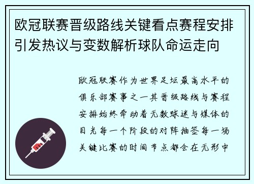 欧冠联赛晋级路线关键看点赛程安排引发热议与变数解析球队命运走向