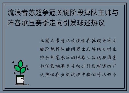 流浪者苏超争冠关键阶段掉队主帅与阵容承压赛季走向引发球迷热议 流浪者苏超争冠关键阶段掉队主帅与阵容承压赛季走向引发球迷热议